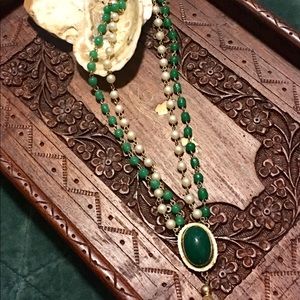 Antique faux flapper tassel necklaces green pearl